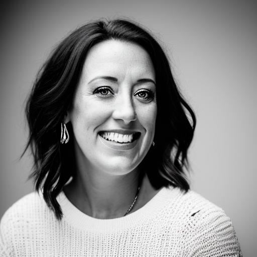 Smiling woman with dark hair in a white sweater, black and white portrait.