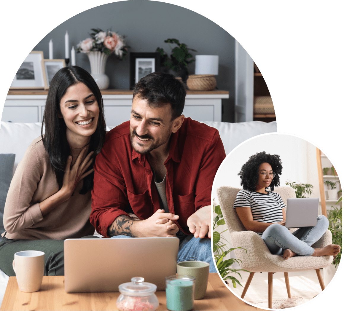 Couple and woman video chatting on laptops.