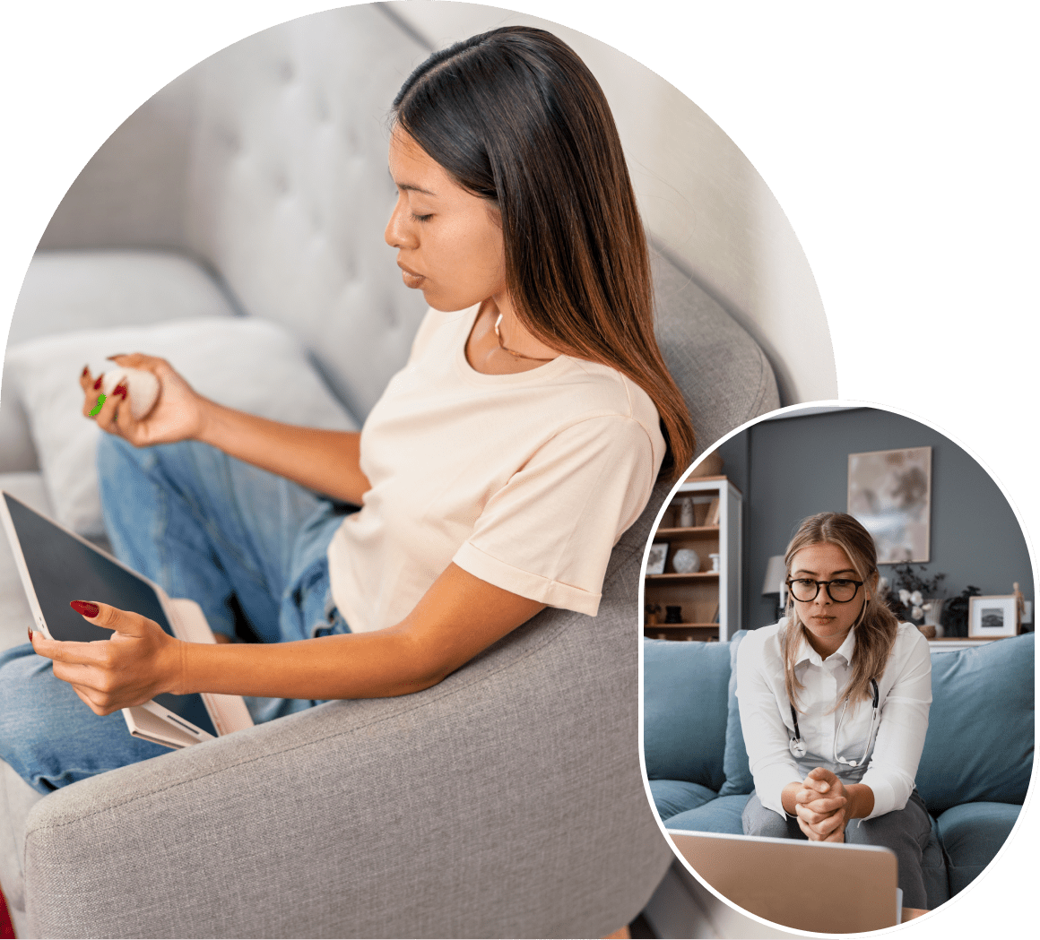 Woman consulting doctor via online video call.