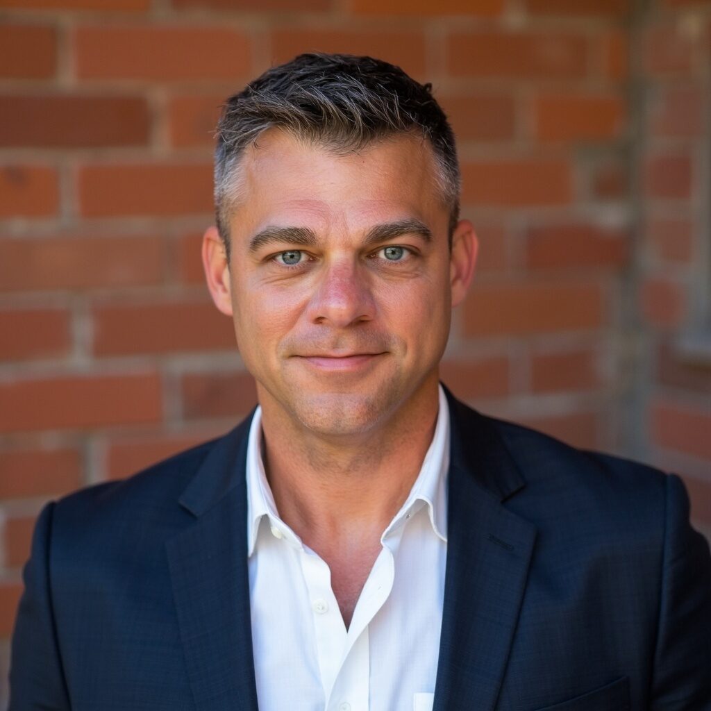 Professional man in a dark suit with a white shirt smiling against a brick wall.